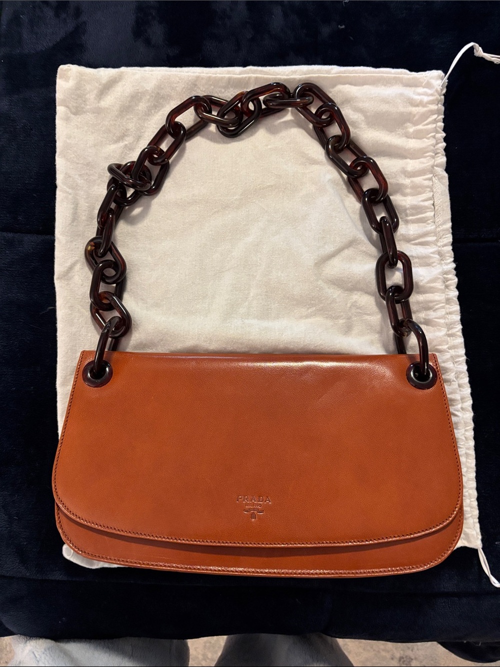 Prada Madras Brown Leather Shoulder Bag with Tortoise Chain